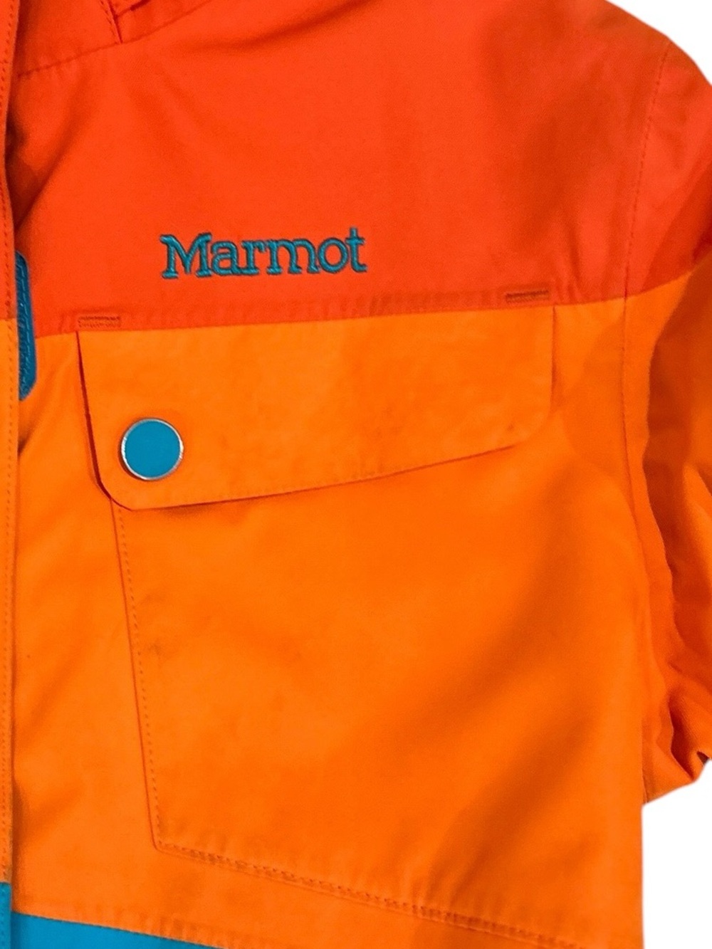 Marmot Orange & Teal Colorblock Hooded zip up ski Jacket kids medium - Picture 4 of 14